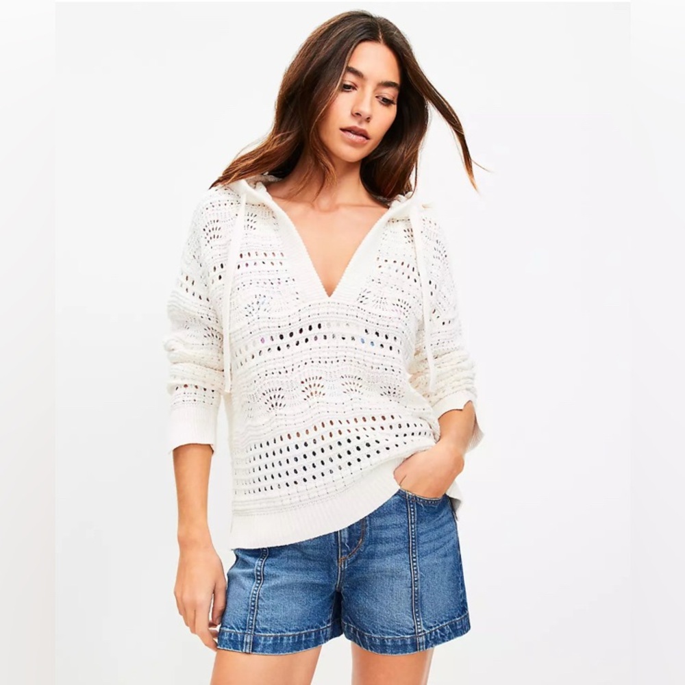 NWT LOFT Beach Pointelle Open Knit Pullover-Crochet Coverup-Whisper White-LG - Picture 5 of 10